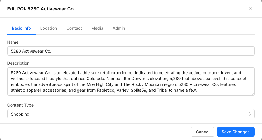 Edit POI dialog showing Basic Info tab with fields for name, description, and content type