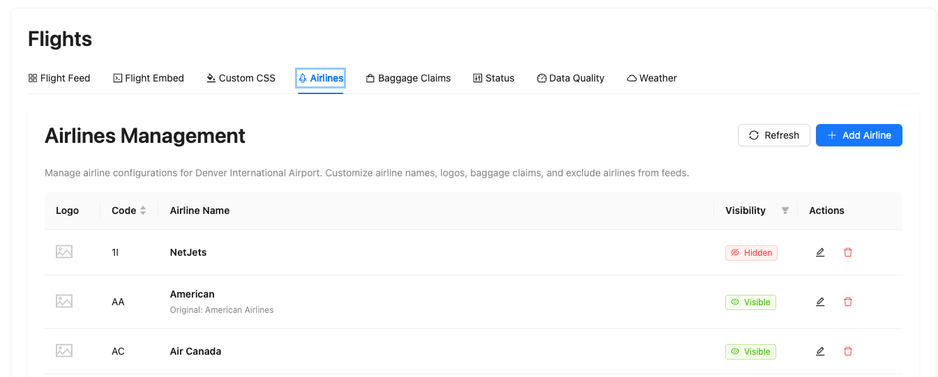 Airlines management interface showing list of airlines with customization options