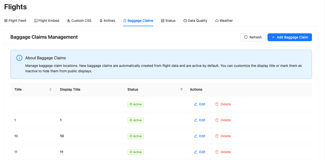 Baggage claim management interface showing list of baggage claim areas
