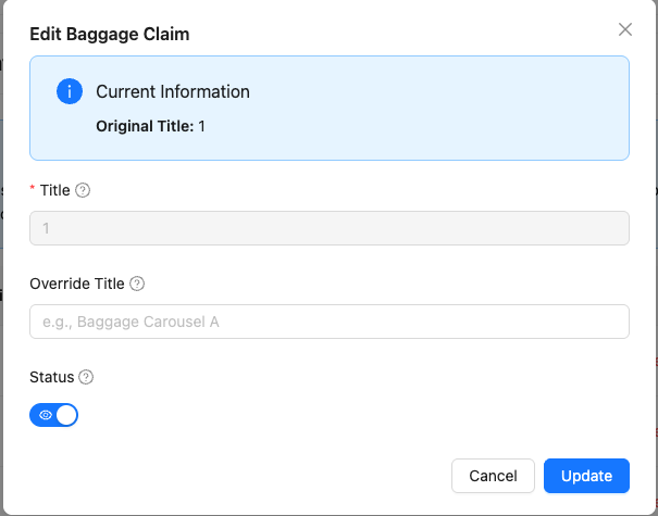 Edit baggage claim screen showing configuration options