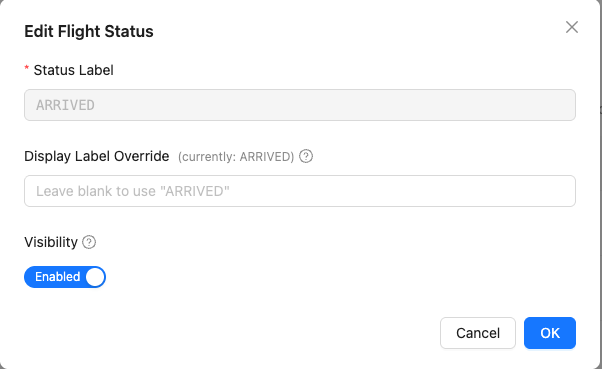 Edit flight status screen showing status configuration options