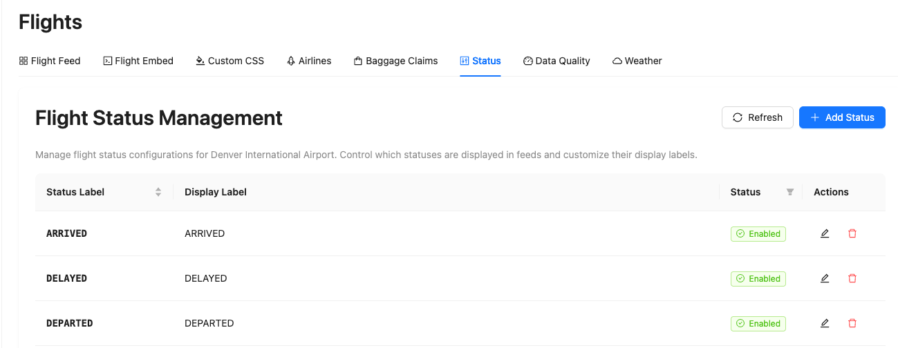 Flight status management interface showing list of flight statuses