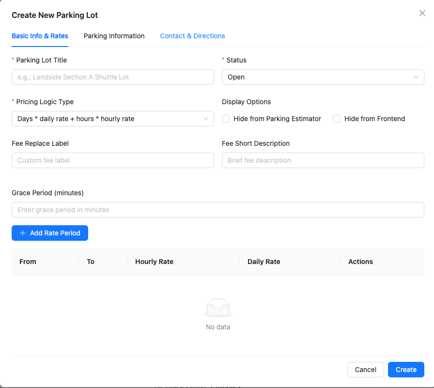 Create new parking lot form showing configuration fields