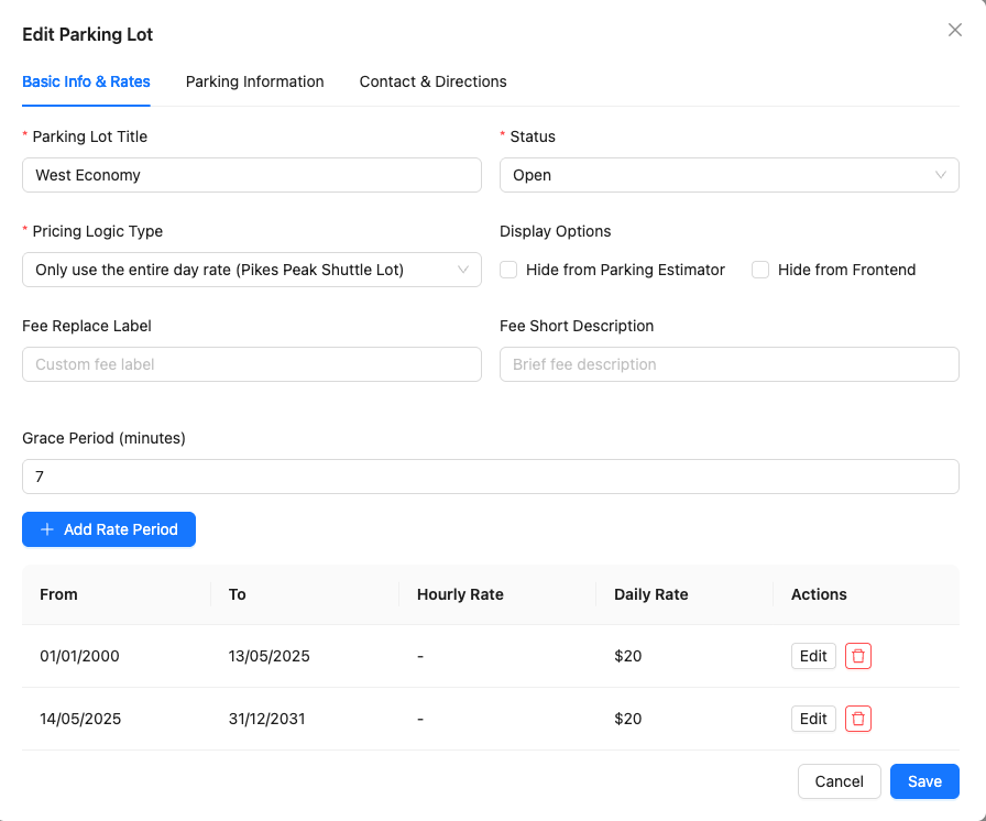 Edit parking lot screen showing all editable fields including name, directions, parking details, and transport options