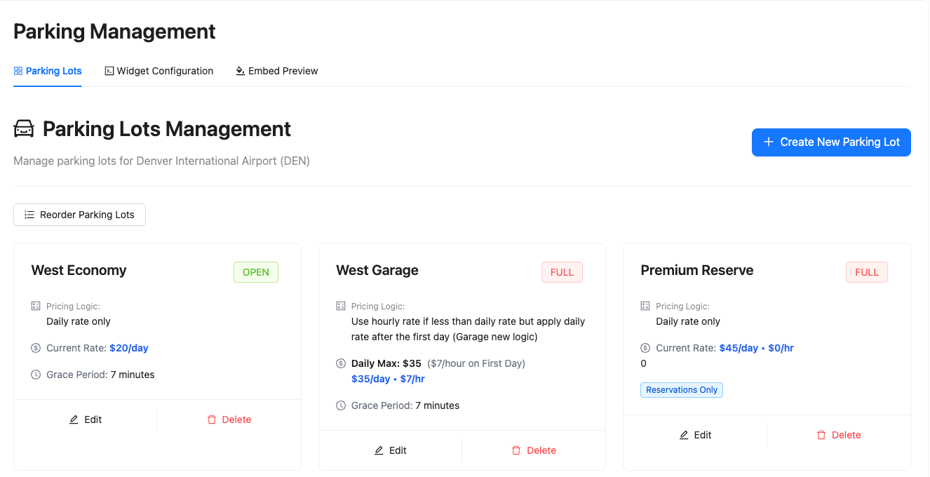 Parking lots management interface showing list of parking lots with configuration options