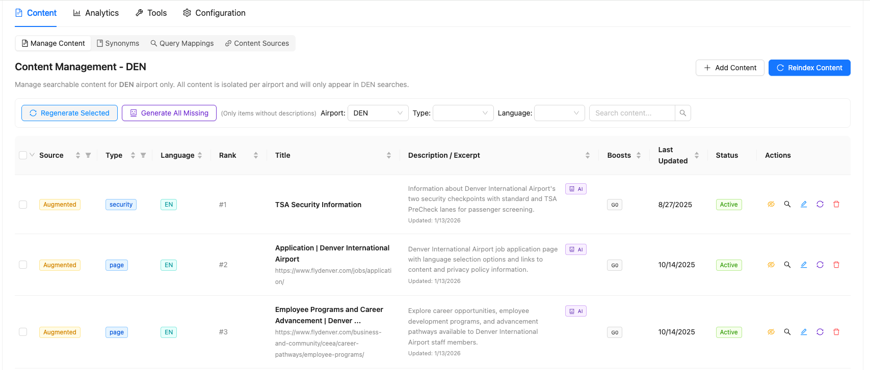 Content Management interface showing search results with columns for Source, Type, Language, Rank, Title, Description/Excerpt, Boosts, Last Updated, Status, and Actions. Includes Add Content and Reindex Content buttons.
