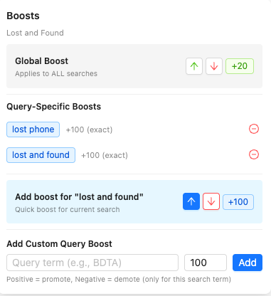 Boost column showing Global Boost value and Query Specific Boosts section where you can add custom search terms