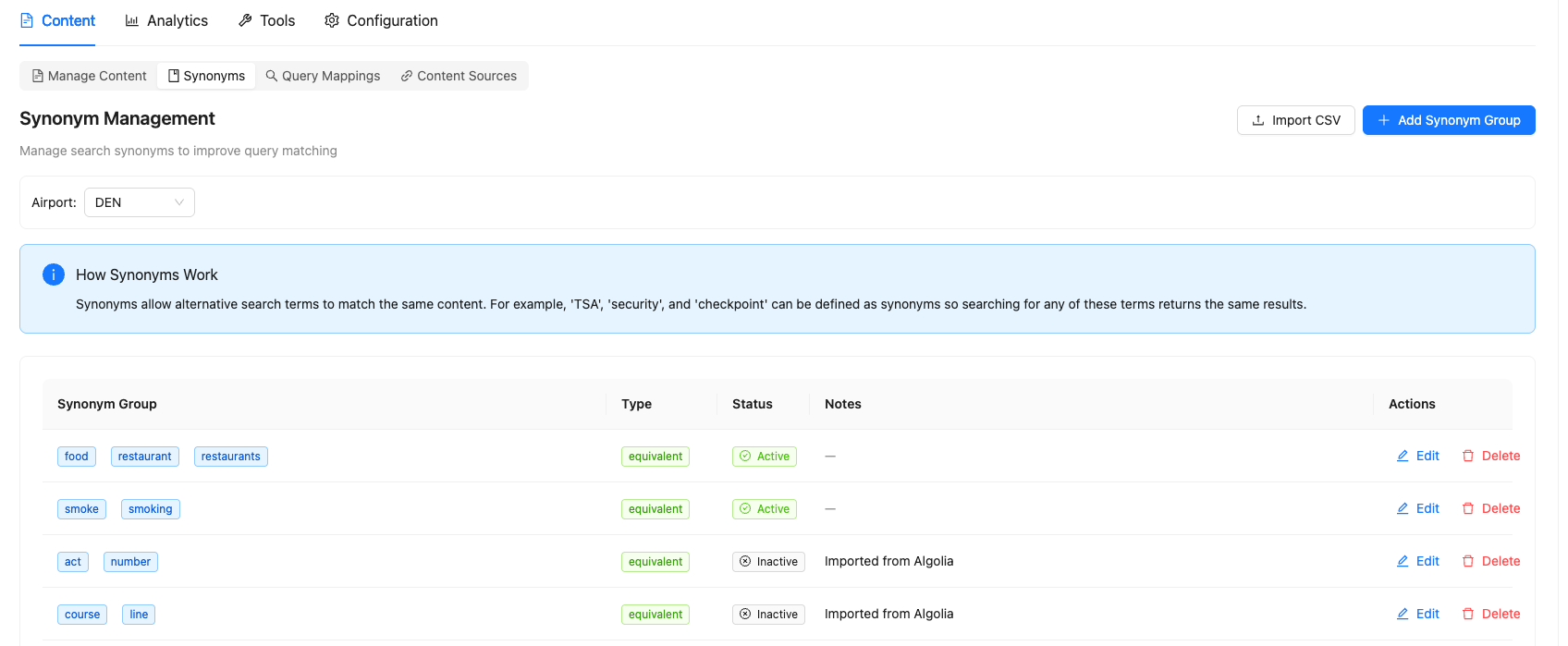 Synonyms management interface showing synonym groups like food/restaurants/dining and security/TSA/screening