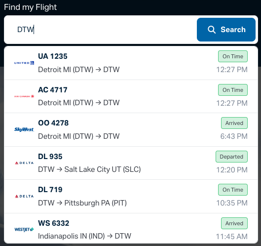 Flight widget showing Find My Flight interface with search functionality